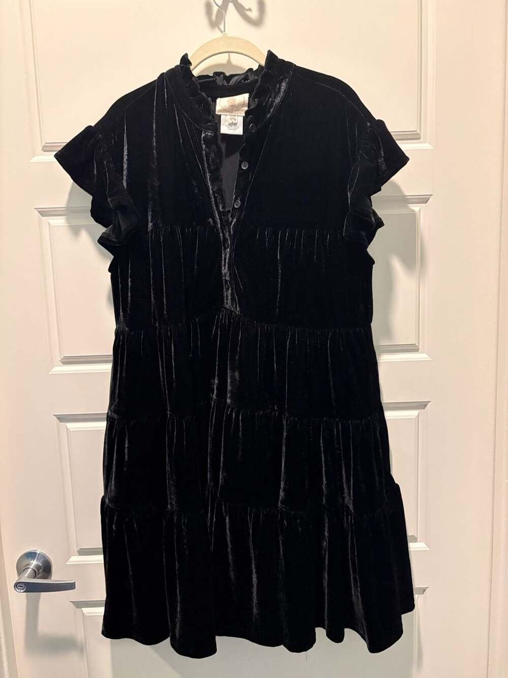 Muchette Black Velvet Tiered Ruffle Mini Dress